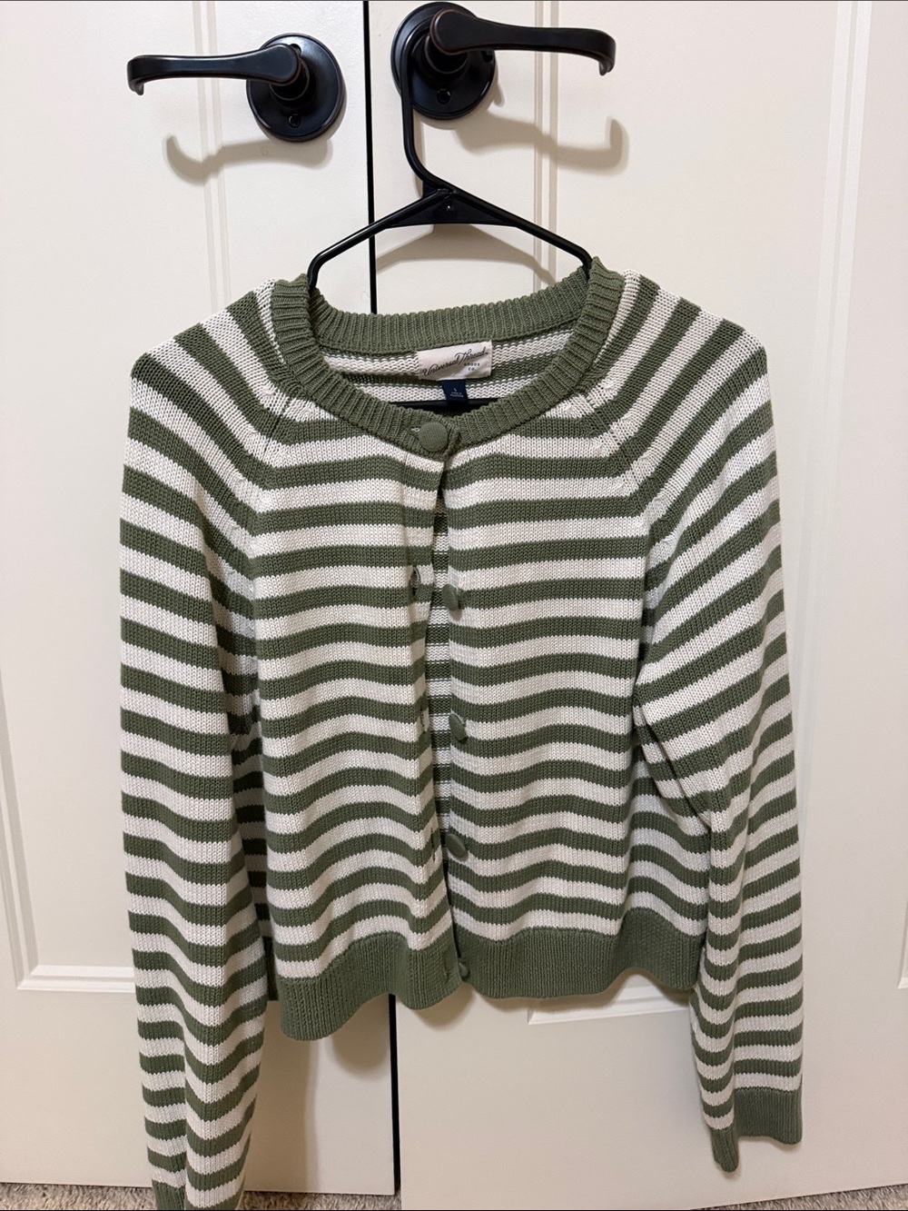 Universal thread Olive & White Striped Cotton Crewneck Cardigan